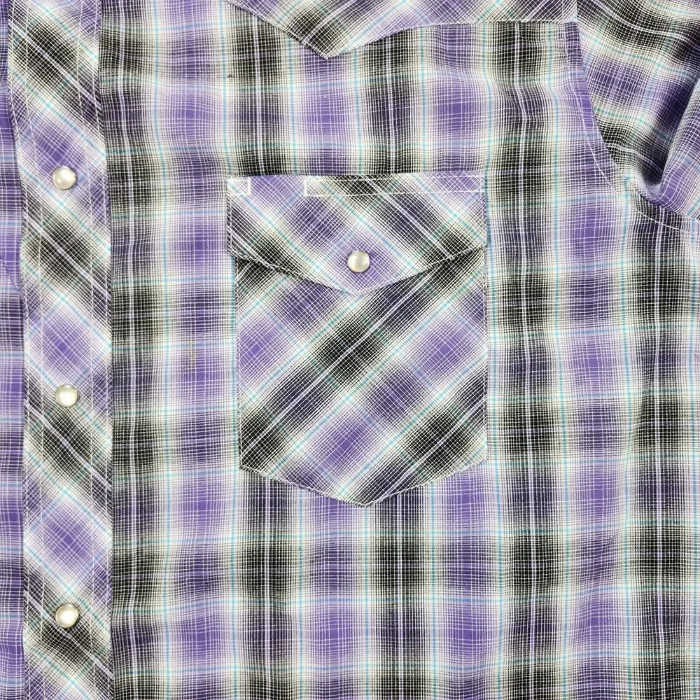 Wrangler Shirt Men XL Western Fashion Pearl Snap Purple Plaid Short‎ Sleeve